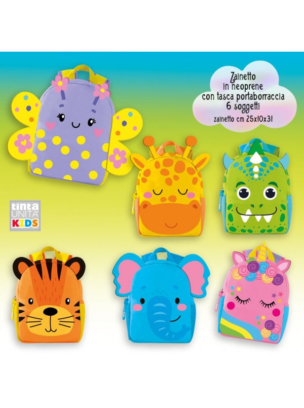 Zainetto-Asilo-Neoprene-TintaUnita-Kids-25x31cm-6-Versioni-Animali-con-Dettagli-3D